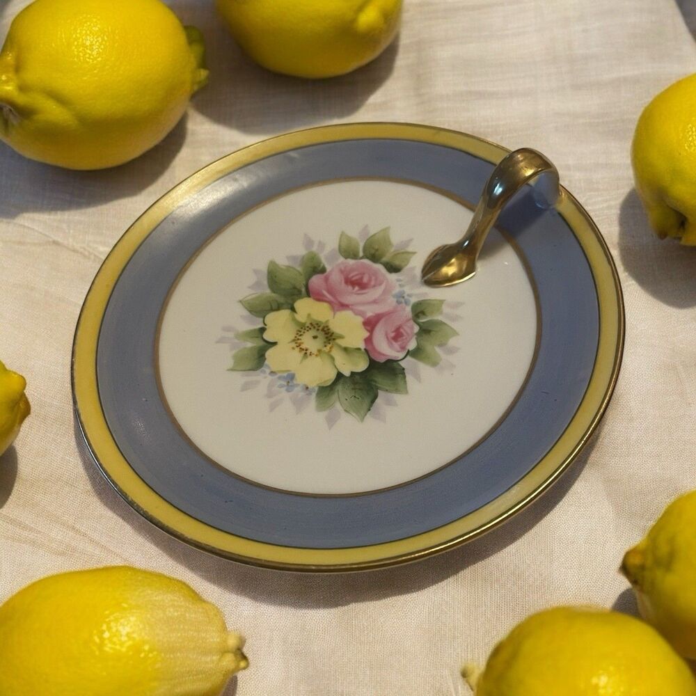 Rare Noritake Gold Leaf Lemon Serving Dish Plate Loop Handle Floral 1930 Antique